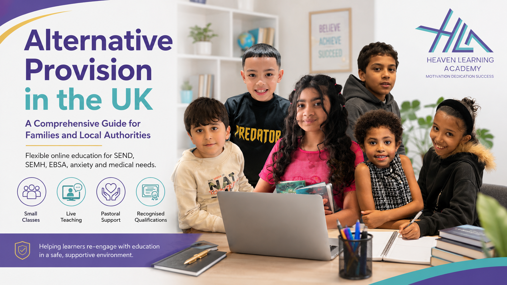 Heaven Learning Academy students learning together online, representing alternative provision in the UK for learners with SEND, SEMH, anxiety, EBSA and medical needs.