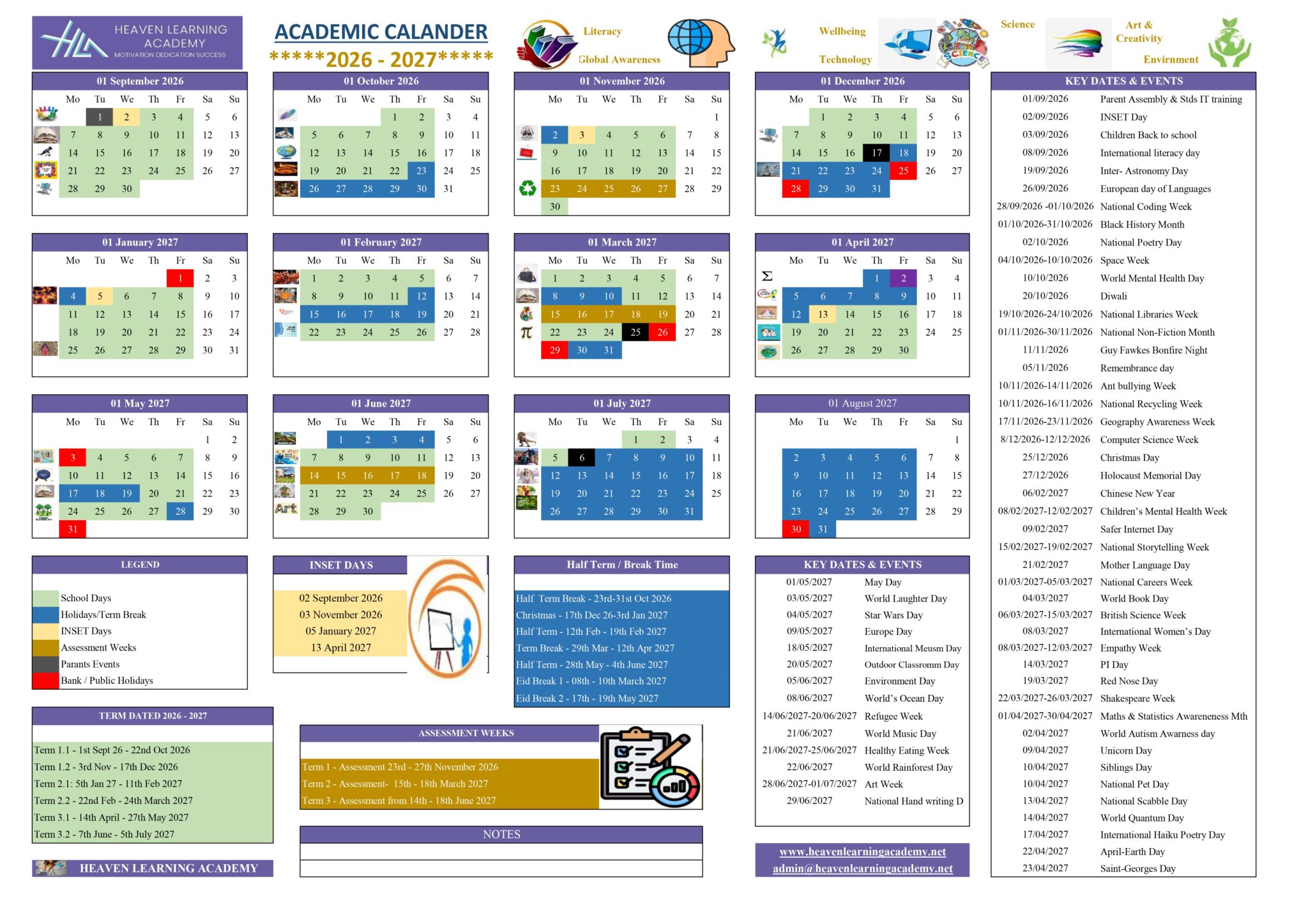 Heaven Learning Academy Academic Calendar 2026–2027 showing term dates, school holidays, INSET days, assessment weeks, and key events.